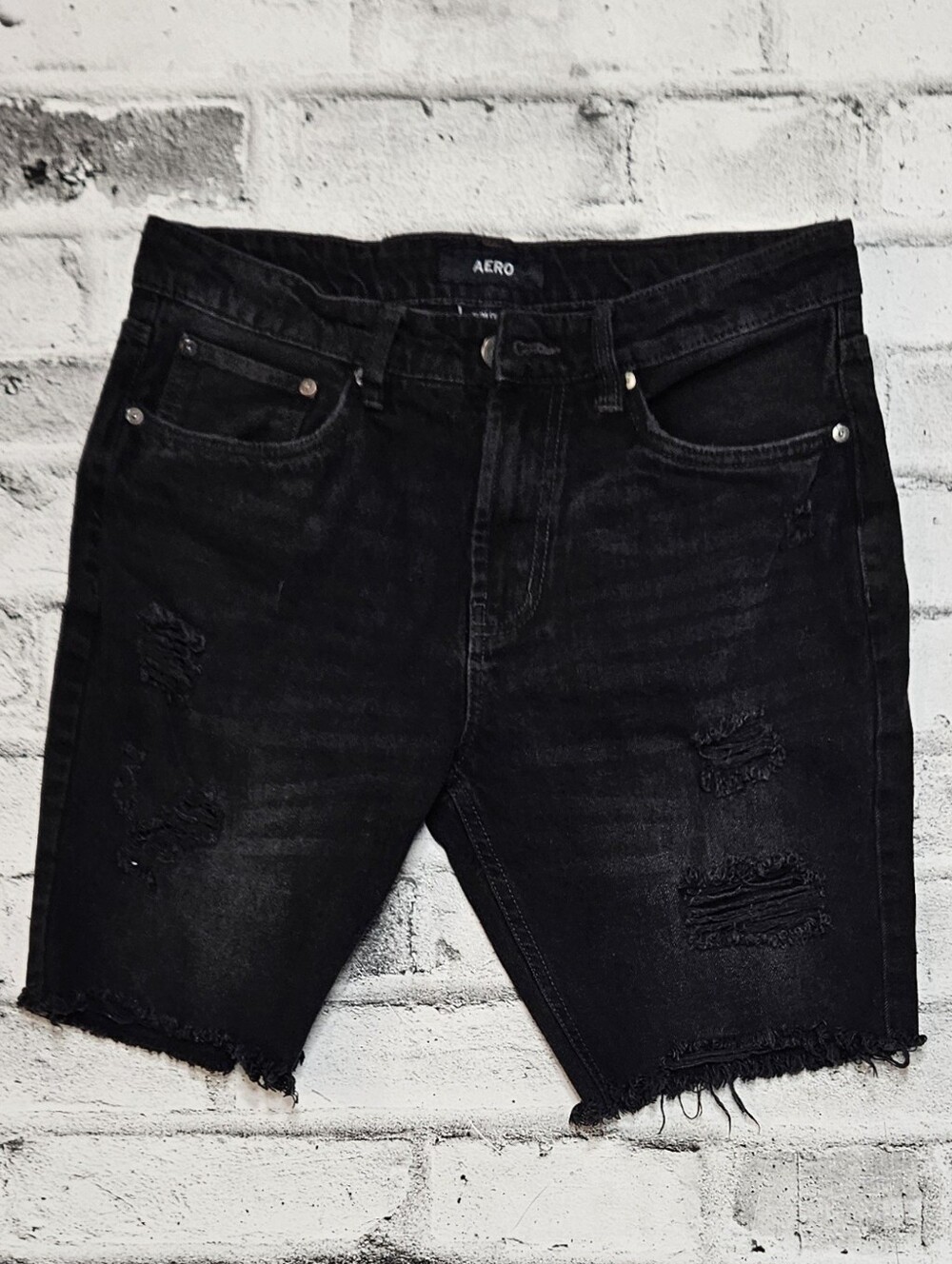 AERO Black Distressed Denim Cut Off Shorts Slim Fit Size 32